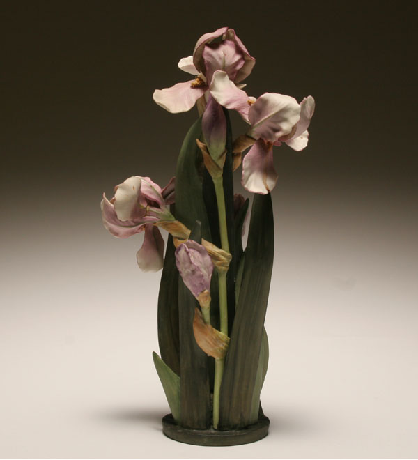 Appraisal: Cybis hand painted bisque iris centerpiece Marked H One petal