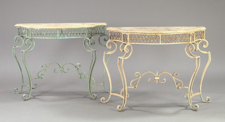 Appraisal: Pair of Mediterranean-Style Wrought-Iron and Marble-Top Console Tables the shaped