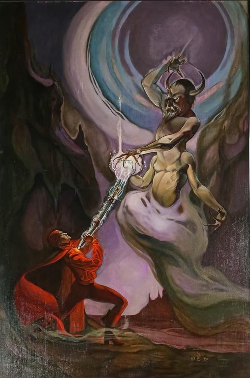 Appraisal: Fantasy Illustration oil on canvas Caped figure fighting a minotaur