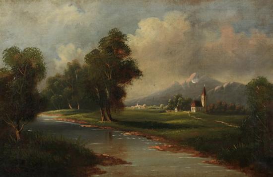 Appraisal: R POWELL Continental th century RIVER LANDSCAPE WITH CHURCH AND