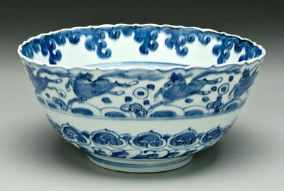 Appraisal: Chinese blue and white kraak bowl scalloped rim central flying