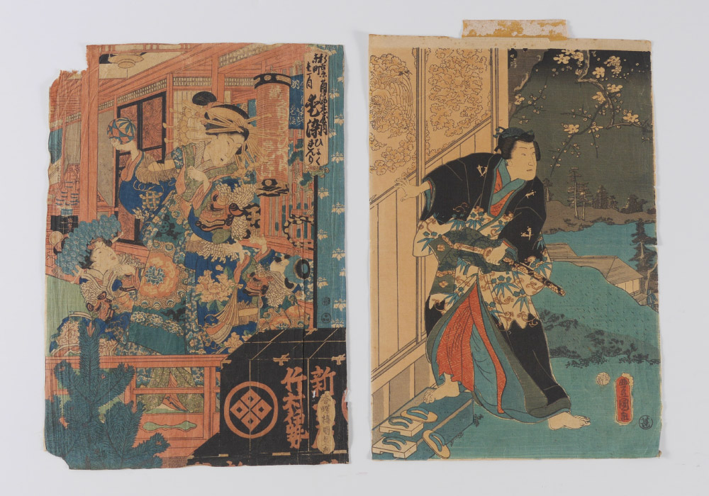 Appraisal: PAIR OF JAPANESE WOODBLOCK PRINTS Figure with Samurai Sword in