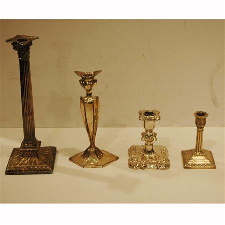 Appraisal: Set of Four Silver Plated Columnar-Form Candlesticks Together with Three