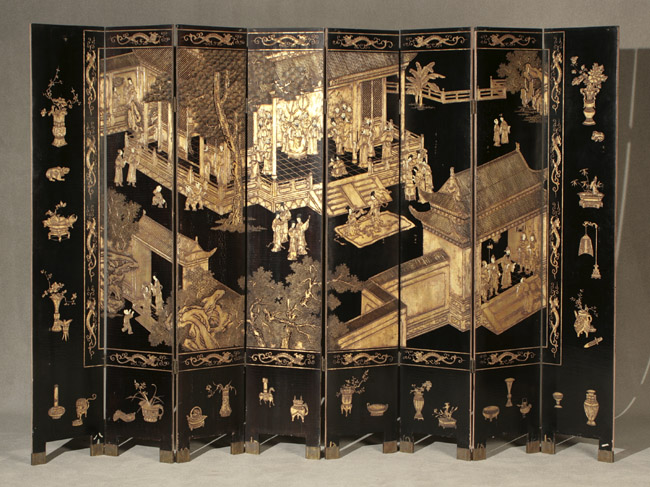 Appraisal: Chinese Polychrome and Gilt Black Lacquered Coromandel Eight-Panel Screen Early