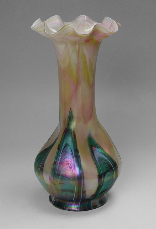 Appraisal: BOHEMIAN IRIDESCENT ART GLASS VASE Ruffled flared rim cylindrical neck