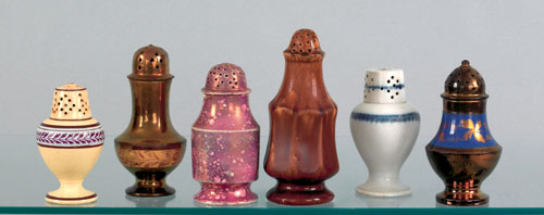 Appraisal: Six pepper pots th c including two copper luster examples