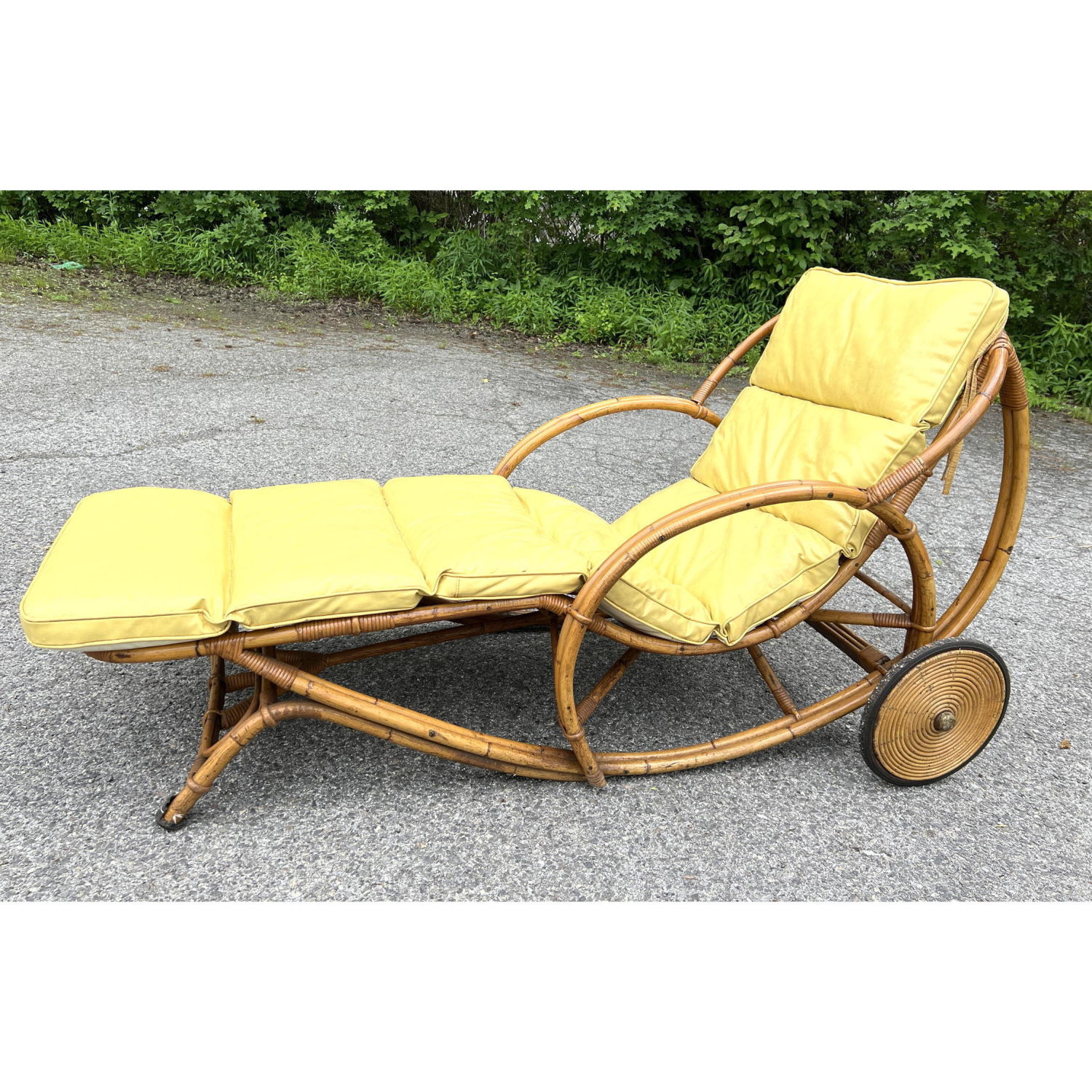 Appraisal: Wonderful Vintage Bamboo Rattan Chaise Lounge with Pencil Reed Wheels