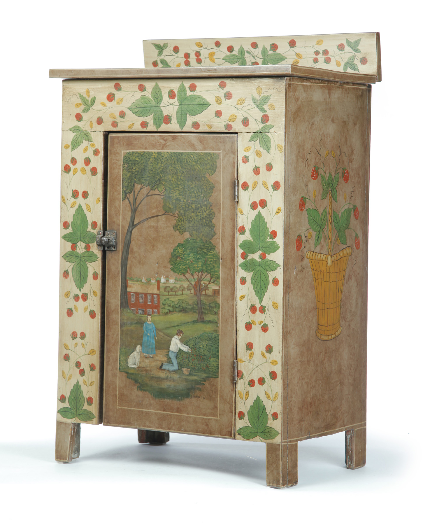 Appraisal: DIMINUTIVE CUPBOARD DECORATED BY LEW HUDNALL OHIO - Cupboard is