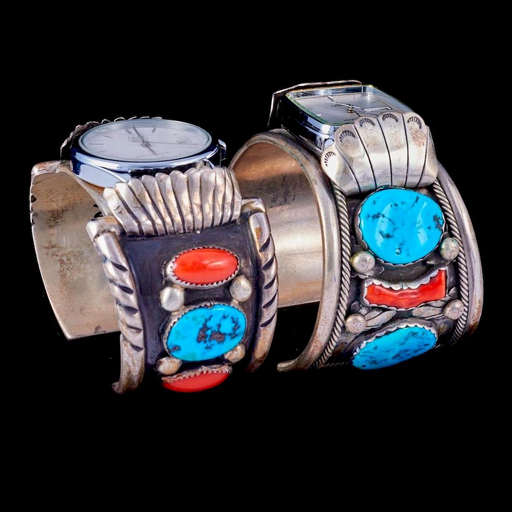 Appraisal: NAVAJO WATCH CUFF BRACELETS Three turquoise coral and silver watch