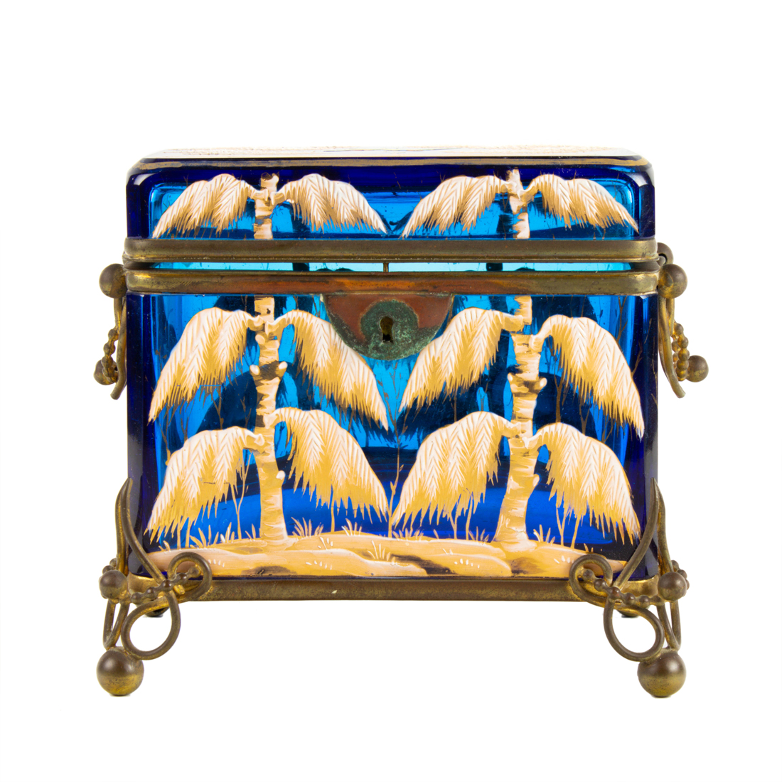 Appraisal: A CONTINENTAL ENAMELED BLUE GLASS AND GILT METAL MOUNTED BOX