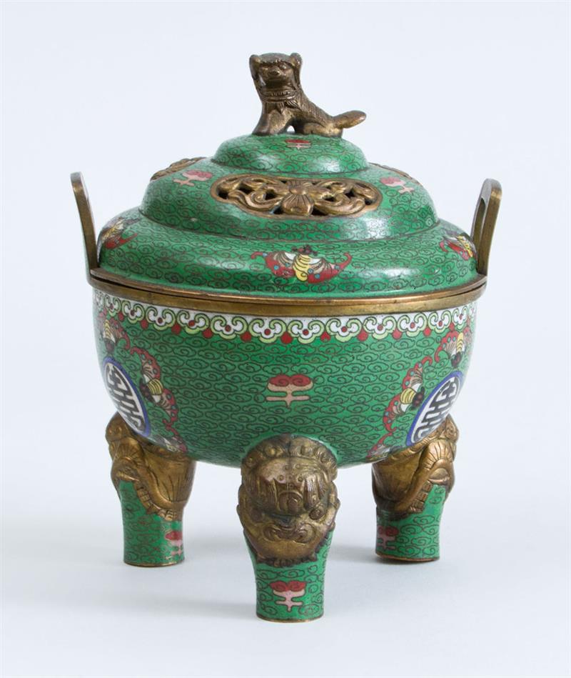 Appraisal: CHINESE GREEN GROUND CLOISONN TRIPOD CENSER x in Estate of