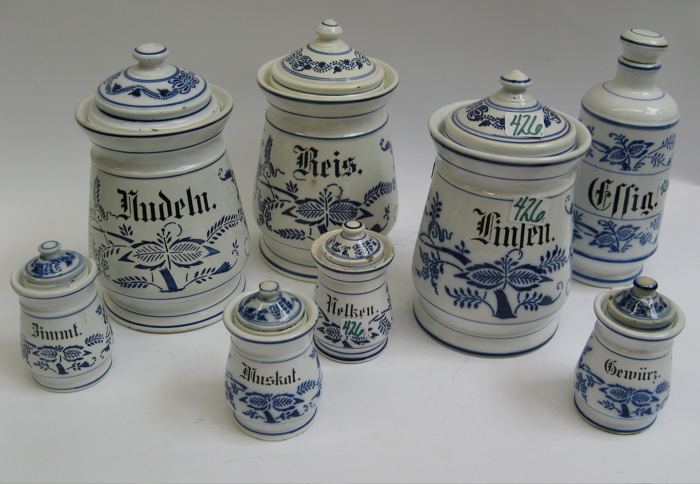 Appraisal: EIGHT PIECE GERMAN BLUE AND WHITE APOTHECARY SET in the