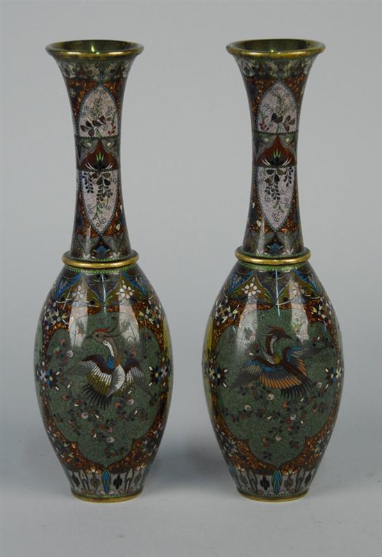 Appraisal: PAIR OF JAPANESE CLOISONNE BIRD AND FLORAL DECORATED VASES height