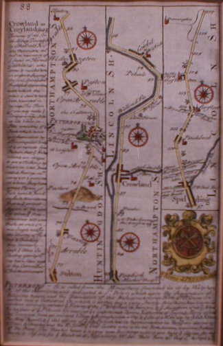 Appraisal: Antiquarian hand coloured road map of Peterborough Crowland and Spalding