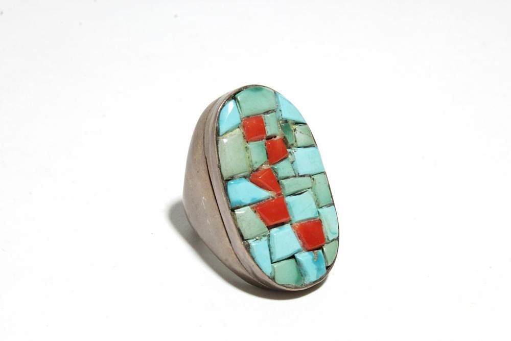 Appraisal: Zuni Silver Turquoise Coral Inlay Man's Ring Zuni Native American