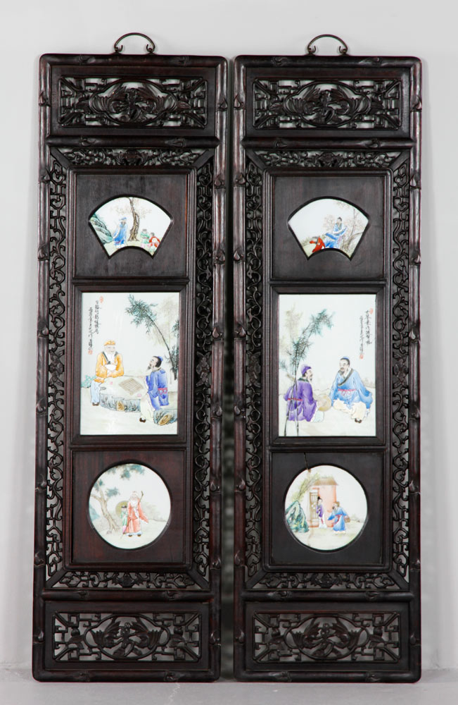 Appraisal: - Chinese Wood Panels Pair of wood panels carved with