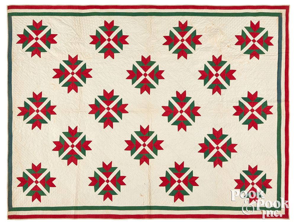 Appraisal: Red and green tulip quilt late th c Red and