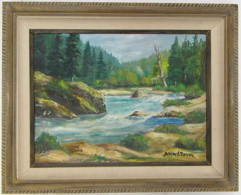 Appraisal: ASHLEY H RUSSELL OIL ON CANVASBOARD Oregon - River landscape