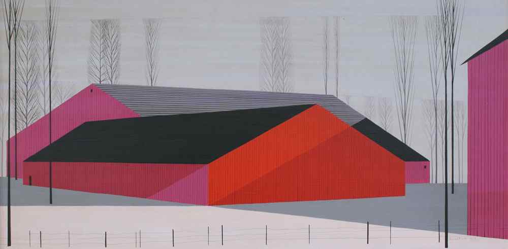 Appraisal: EARLE Eyvind American - ''Barns'' Unusual and original acrylic on