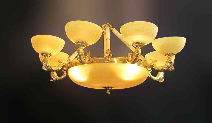 Appraisal: DOLPHIN FISH BRASS CHANDELIER Alabaster type glass shade '' dia