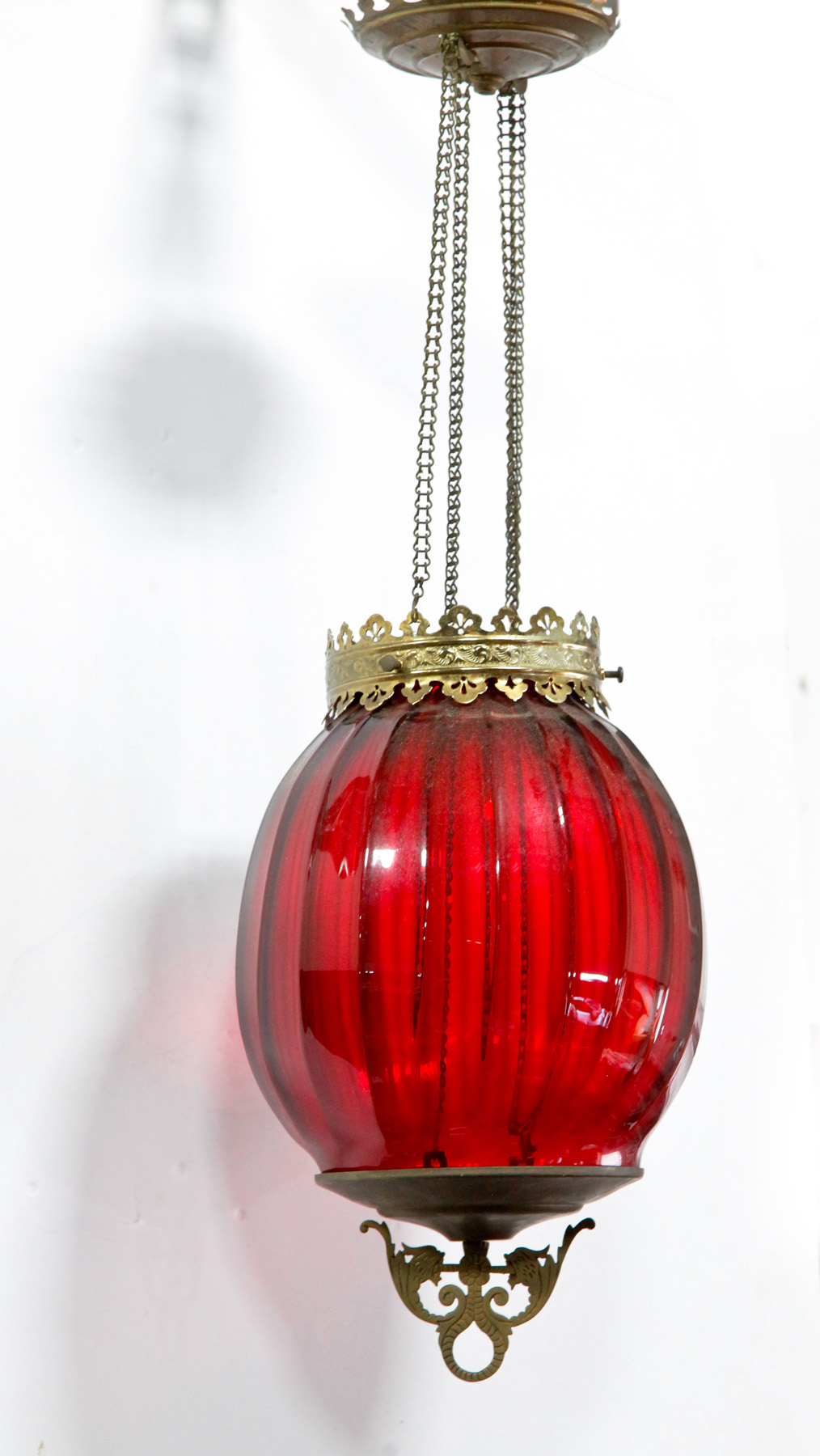 Appraisal: HANGING HALL LIGHT WITH CRANBERRY SHADE American th quarter- th