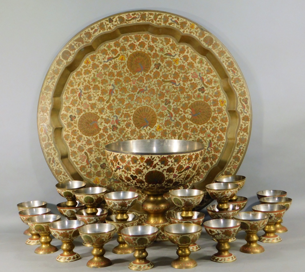 Appraisal: HUGE C INDIAN ENAMELED BRASS PUNCH BOWL SET India Circa