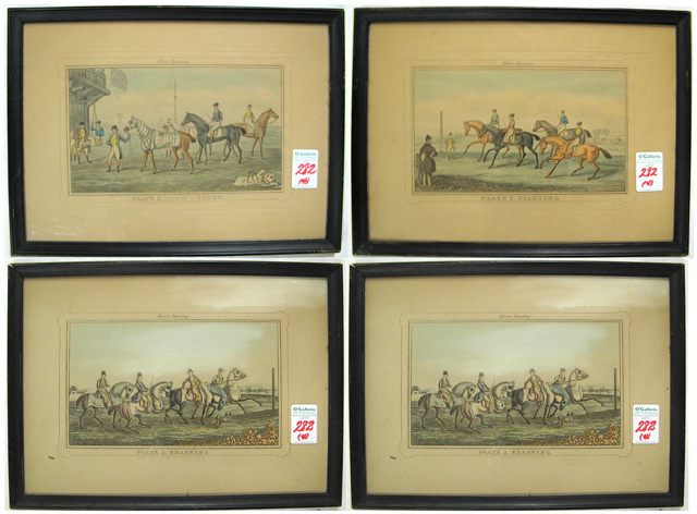 Appraisal: FOUR HAND COLORED HORSE RACING LITHOGRAPHS dated Training Preparing to