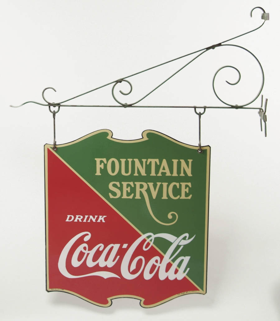 Appraisal: COCA-COLA FOUNTAIN SERVICE PORCELAIN SIGN AND BRACKET Two-sided die cut