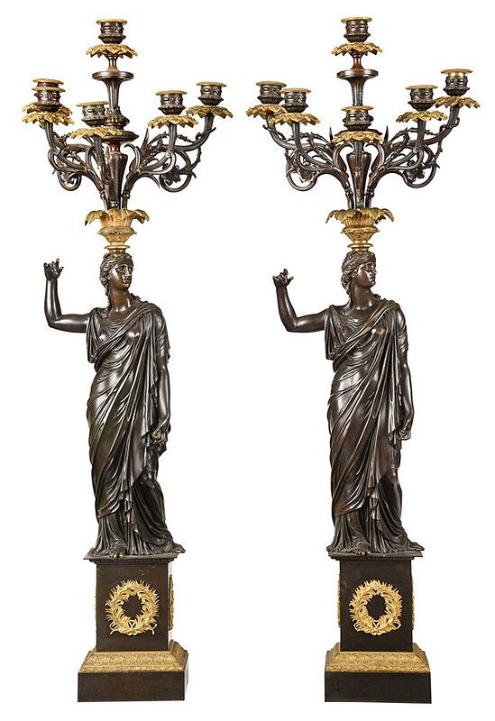 Appraisal: Pair of Empire Style Figural Bronze Candelabra French probably late