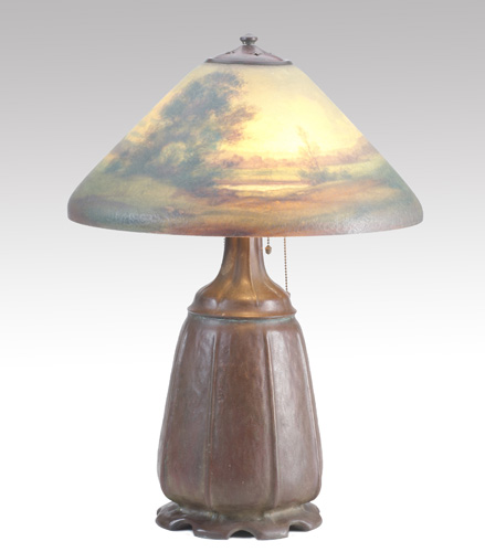 Appraisal: HANDEL Table lamp its acid-etched glass shade reverse painted with