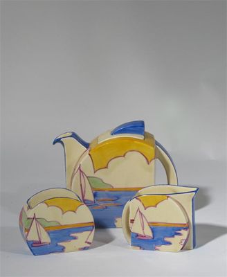 Appraisal: Gibraltar' a Clarice Cliff Bizarre Stamford Tea trio comprising teapot