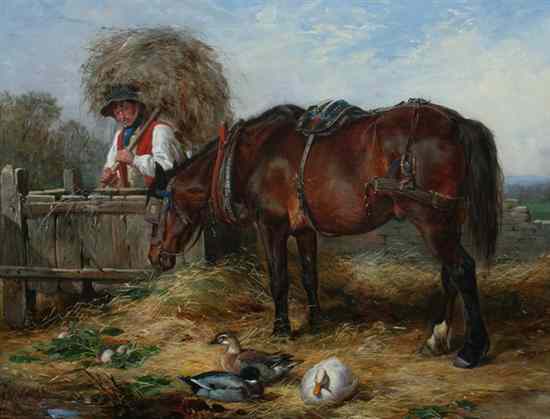 Appraisal: WILLIAM H HOPKINS English - IN THE STRAWYARD oil on