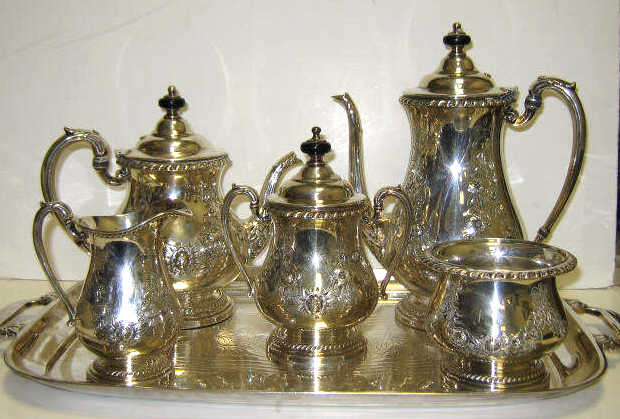 Appraisal: FRIEDMAN PLATED SILVER TEA COFFE SET AND TRAY Brooklyn NY