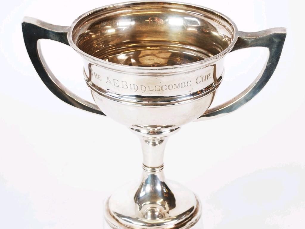 Appraisal: GEORGE V SILVER TWO HANDLE PEDESTAL TROPHY CUP typical form