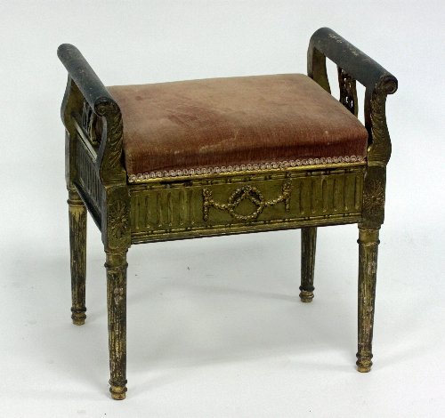 Appraisal: A giltwood stool the scroll arms with pierced splats and