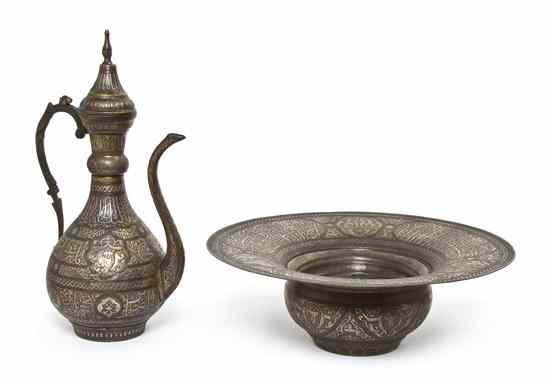 Appraisal: A Middle Eastern Silver Inlaid Ewer and Wash Basin the