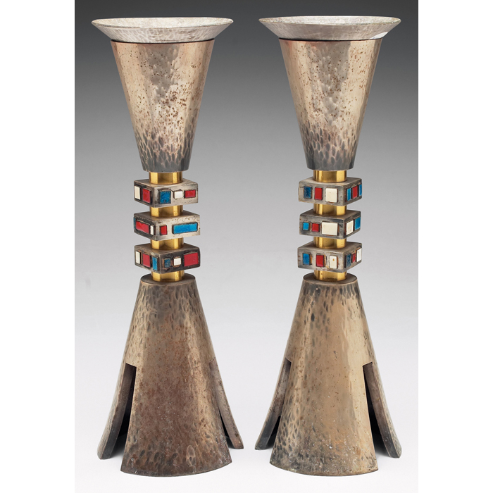 Appraisal: Midcentury candlesticks pair maker unknown large forms in hammered nickel