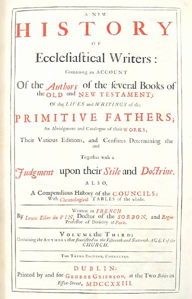 Appraisal: Dupin Louis Ellies A New History of Ecclesiastical Writers Dublin