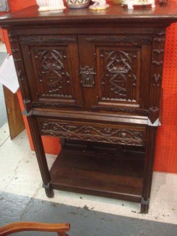 Appraisal: Carved Oak Tudor Style Cabinet with Drawers and Door Dimensions