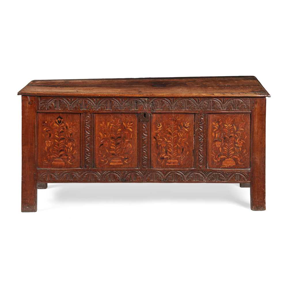 Appraisal: OAK MARQUETRY FOUR-PANEL CHEST LATE TH CENTURY the hinged lid