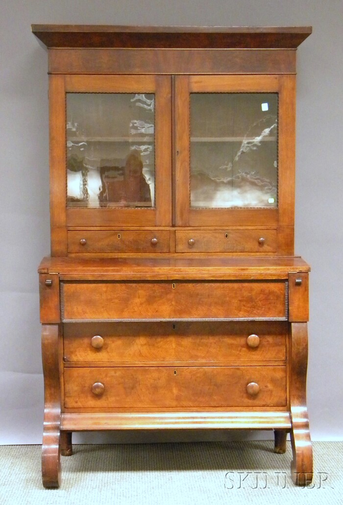 Appraisal: Empire Glazed Mahogany Veneer Writing Desk Bookcase ht wd in