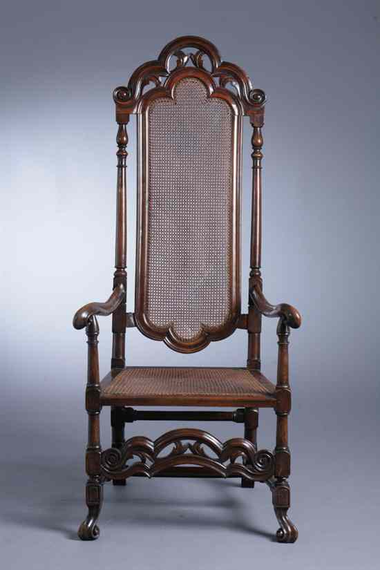 Appraisal: ENGLISH WILLIAM AND MARY CANE-SEAT OPEN-ARM CHAIR Molded openwork domed