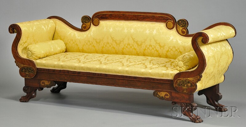 Appraisal: Classical Carved Mahogany and Mahogany Veneer Gilt Stencil-decorated Sofa c