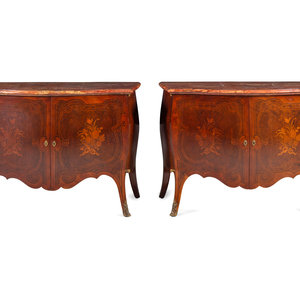 Appraisal: A Pair of Louis XV Style Marquetry and Burlwood Veneered