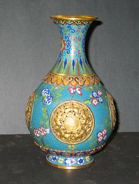 Appraisal: A turquoise ground cloisonn enameled metal vase Of pieced construction