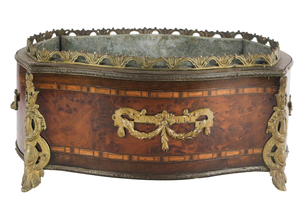 Appraisal: GILT METAL-MOUNTED BURL INLAID WOOD JARDINIEREwith removable metal liner inches