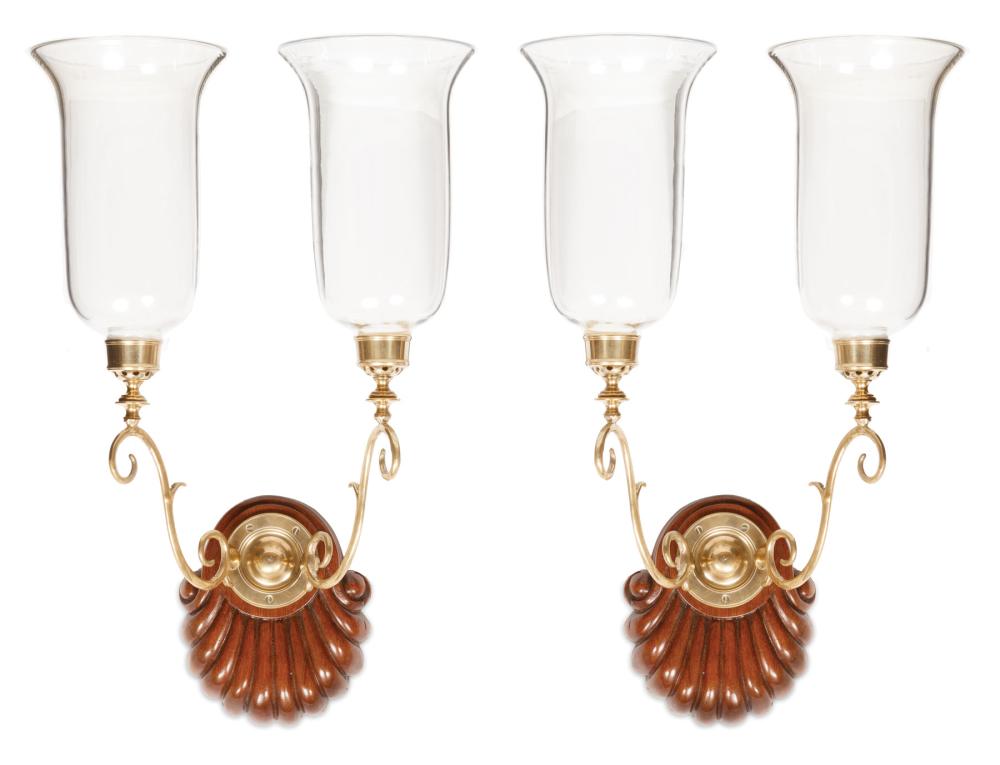 Appraisal: Pair of Carved Mahogany and Brass Two-Light Wall Sconces h