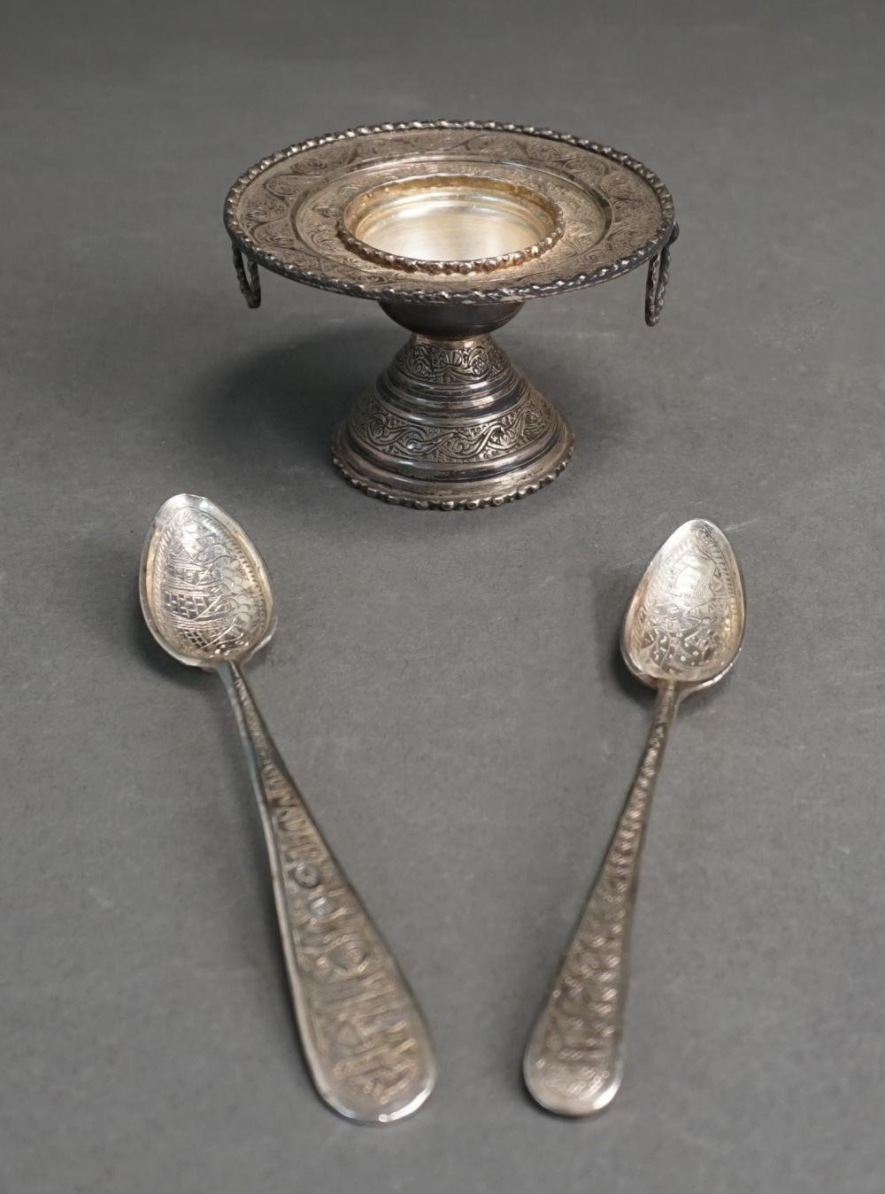 Appraisal: EGYPTIAN -SILVER SWEET MEAT DISH AND TWO EARLIER CALLIGRAPHIC SPOONS