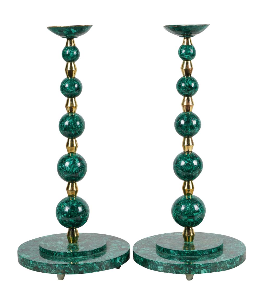 Appraisal: PAIR OF RUSSIAN MALACHITE-VENEERED CANDLESTICKSwith bronze mounts each inches high