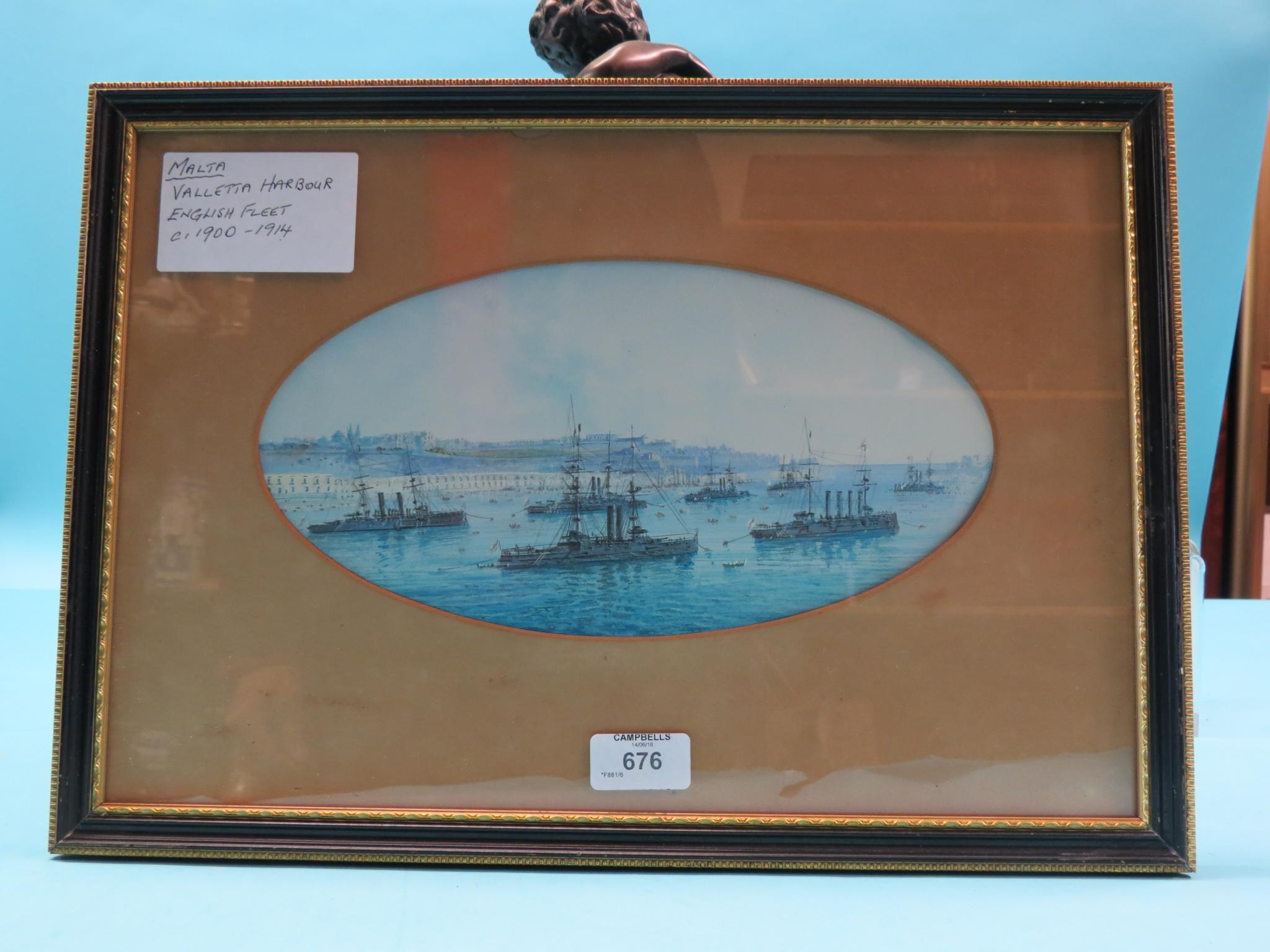 Appraisal: A gouache painting English fleet of warships docked at Valletta